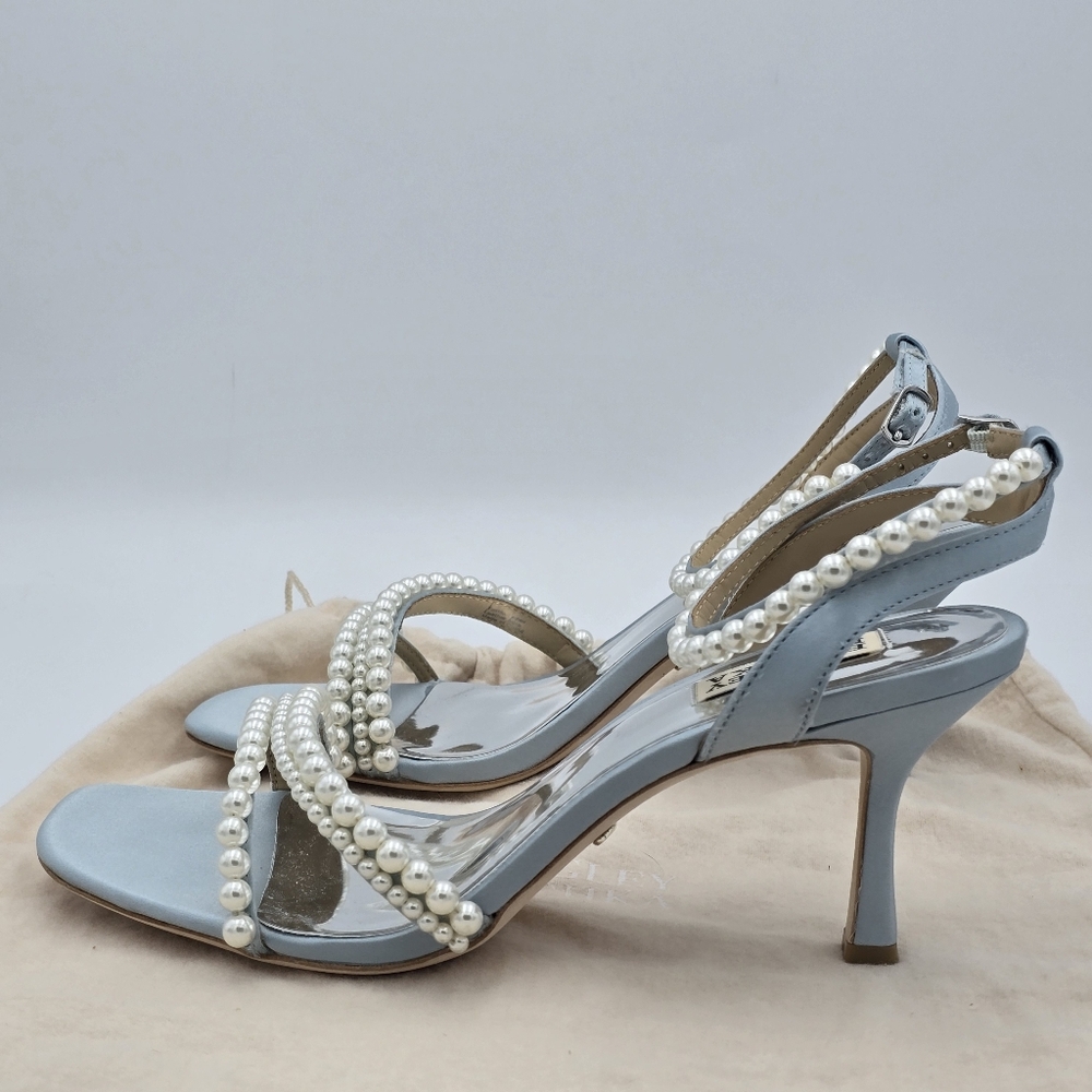 Badgley Mischka Flame Pearl Kitten Heel Sandals, Mist Blue Satin, Women's Sz 9.5 - Picture 6 of 16